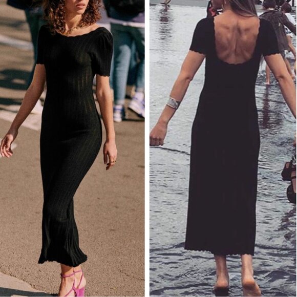 BEST Sezane Joey Midi Dress Small Black Noir French Knit Classic Low Back - Picture 1 of 10